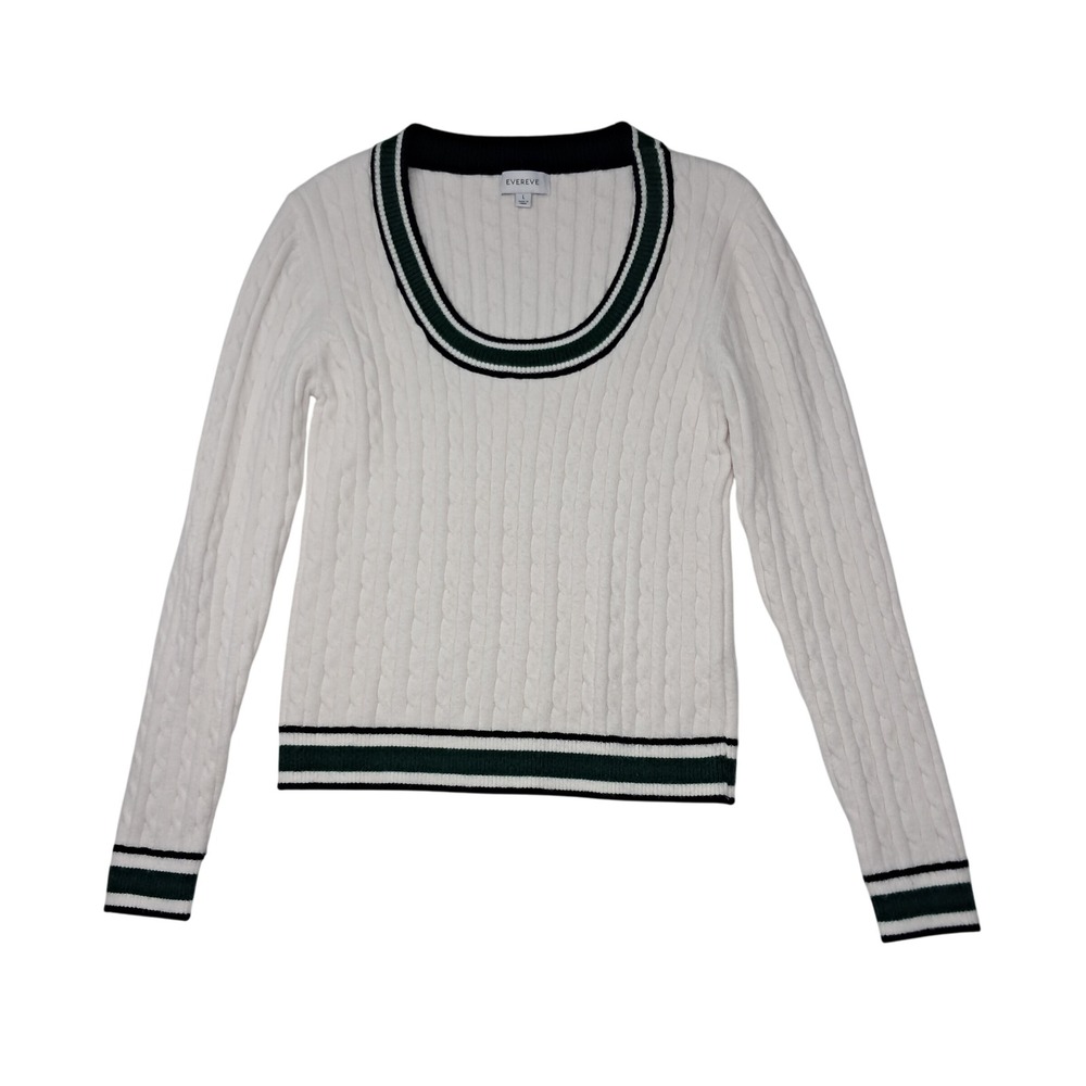 Evereve Penny Sweater Women's Large Preppy‎ White Green Cable Knit Collegiate